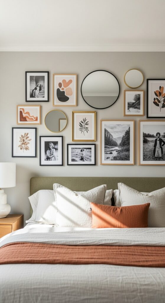 Bedroom gallery wall above bed with mixed frame sizes and cohesive artwork