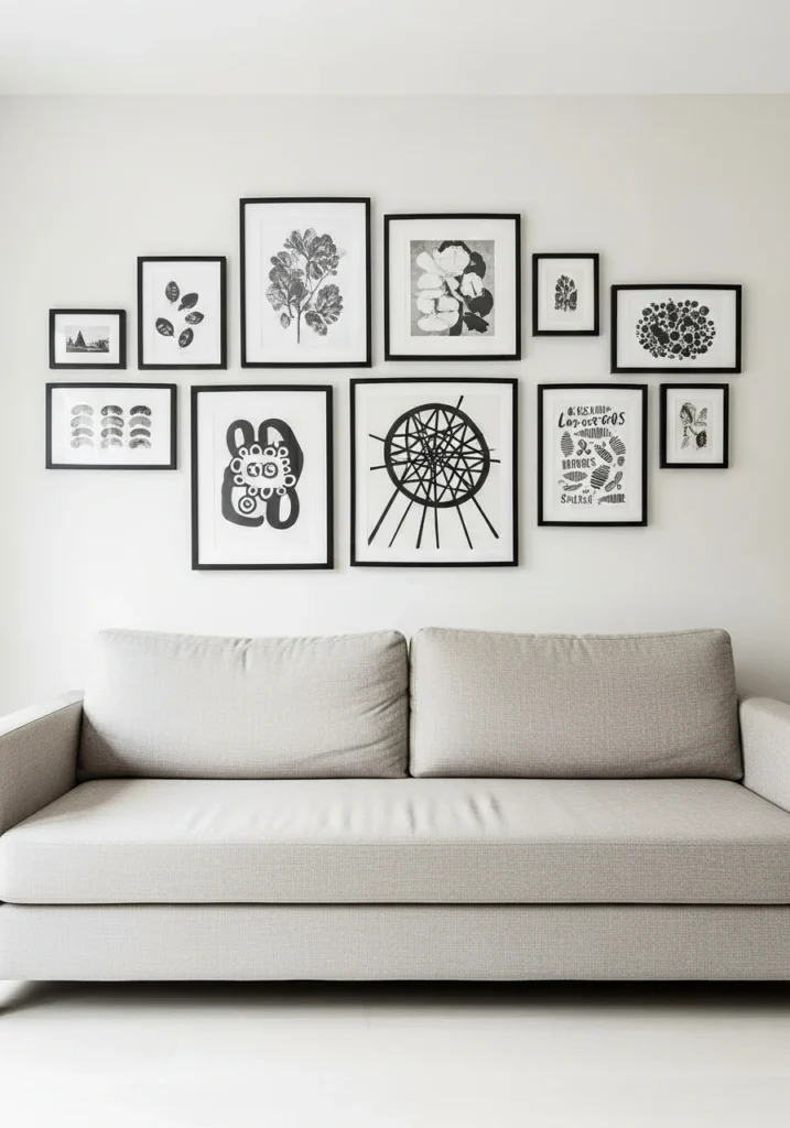  Gallery wall arrangement above sofa creating living room focal point