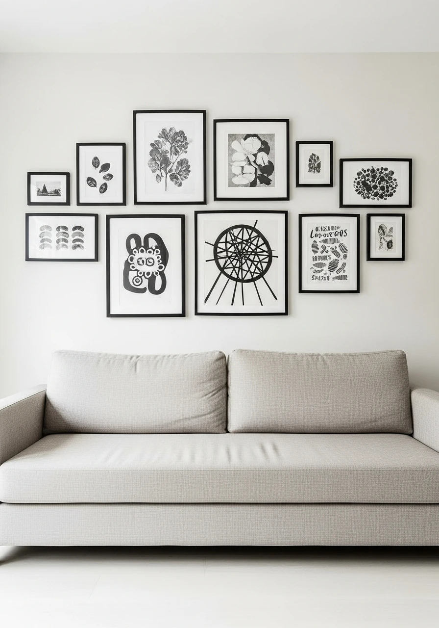 Gallery wall arrangement above sofa creating living room focal point