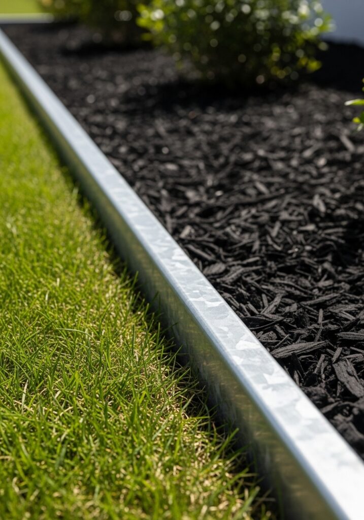 Galvanized steel edging creating sleek modern garden border with minimal profile