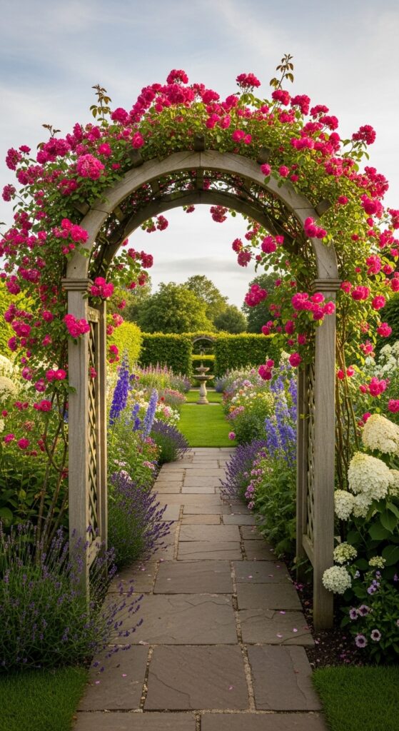 Garden archway covered in climbing roses framing pathway to another garden area