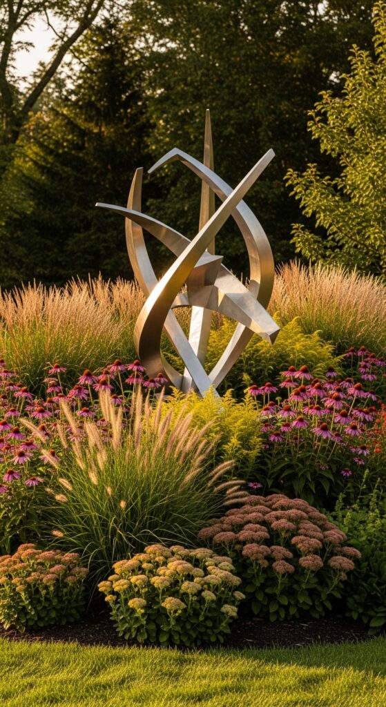 Modern metal sculpture serving as focal point in perennial garden bed