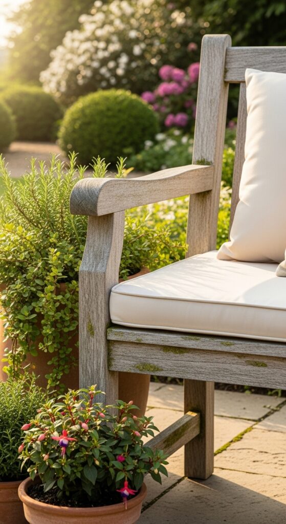  Weathered teak garden bench with cushions creating inviting seating spot