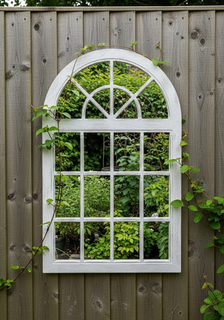 Decorative outdoor mirror mounted on fence reflecting garden creating illusion of extended space