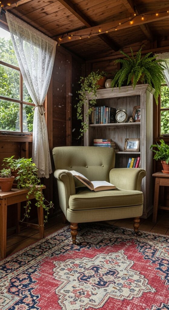 Garden shed converted to outdoor reading retreat with comfortable chair and bookshelves