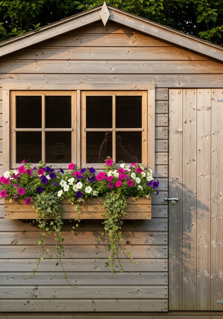Wooden window boxes mounted on garden shed overflowing with colorful petunias and trailing ivy