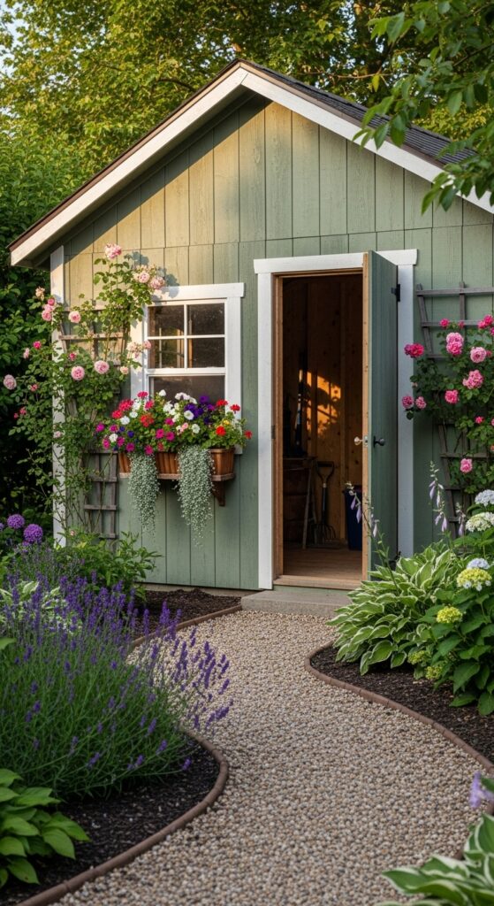  Charming garden shed with flower boxes and climbing roses serving as beautiful storage