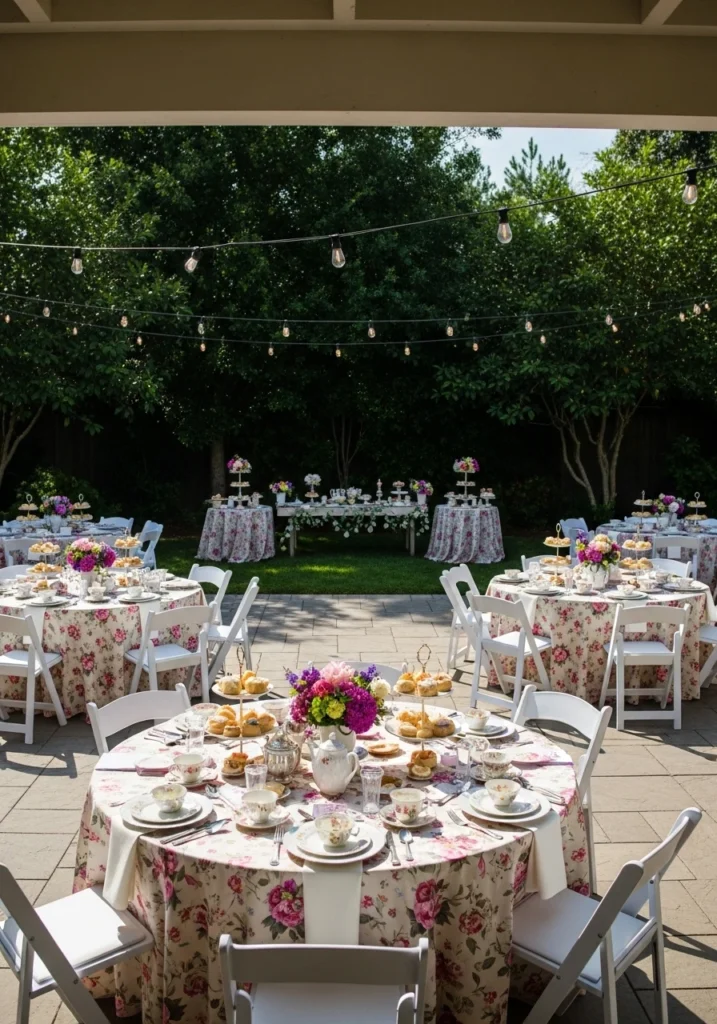 Elegant garden tea party baby shower with floral decorations and vintage teacups