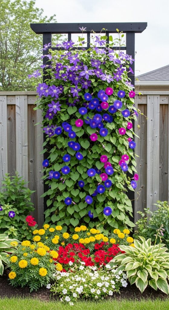  Tall wooden trellis wall covered with colorful climbing clematis and morning glories