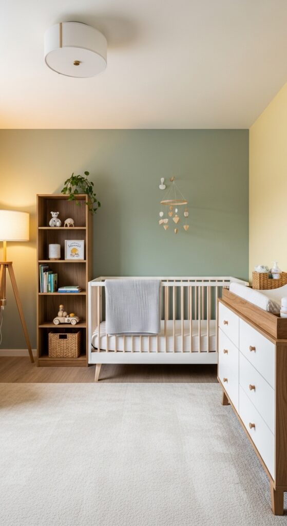 Gender-neutral nursery bedroom with soft greens, yellows, and wooden furniture