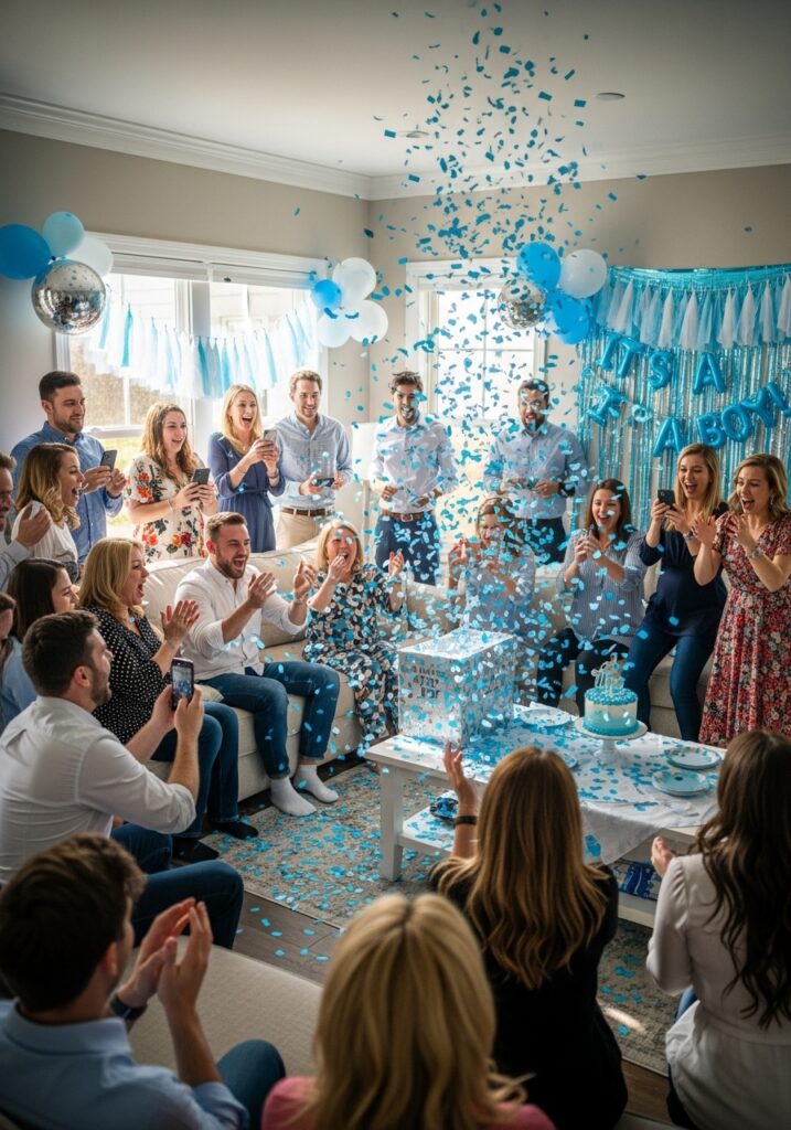  Gender reveal moment at baby shower with blue confetti and celebration