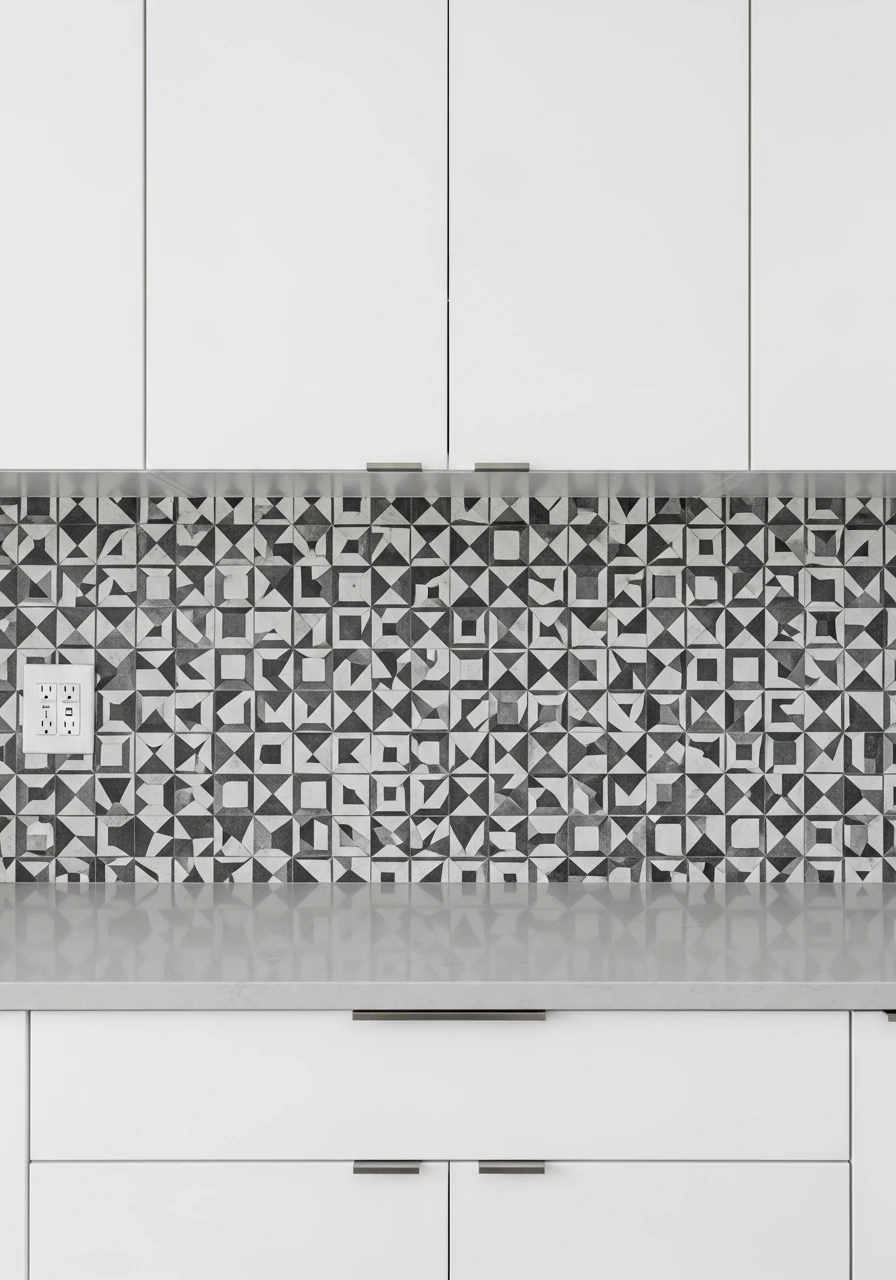 Geometric black and white cement tile kitchen backsplash in modern pattern