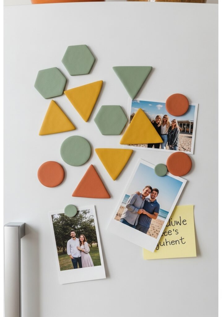 Colorful geometric air dry clay magnets in various shapes on refrigerator with photos