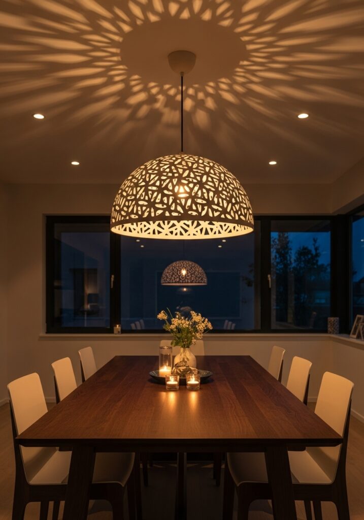 Modern pendant light with handmade air dry clay shade featuring geometric cutouts