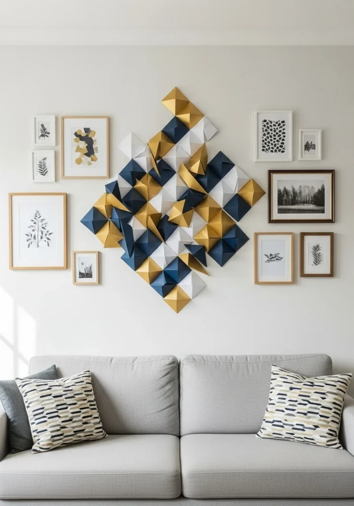Modern geometric paper art in metallic gold and navy arranged on living room wall