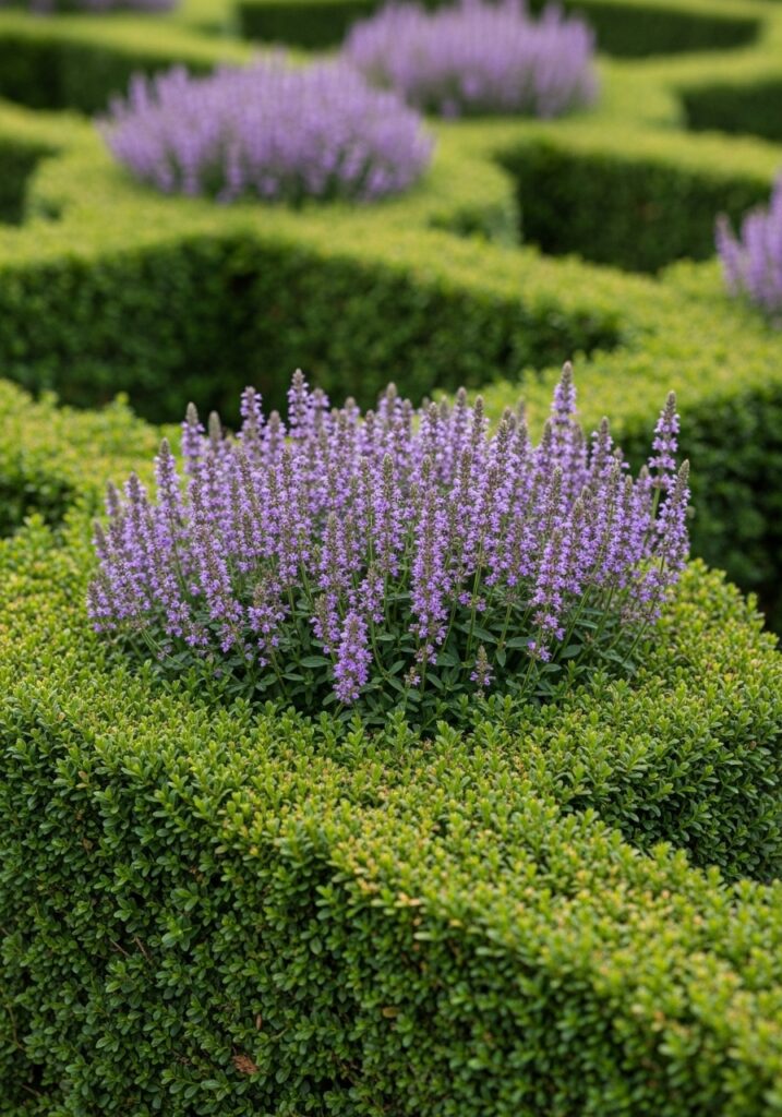 Germander creating compact evergreen living border with purple flowers