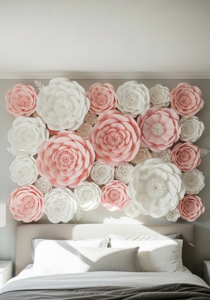 Large DIY paper flowers in white and pink arranged on bedroom accent wall
