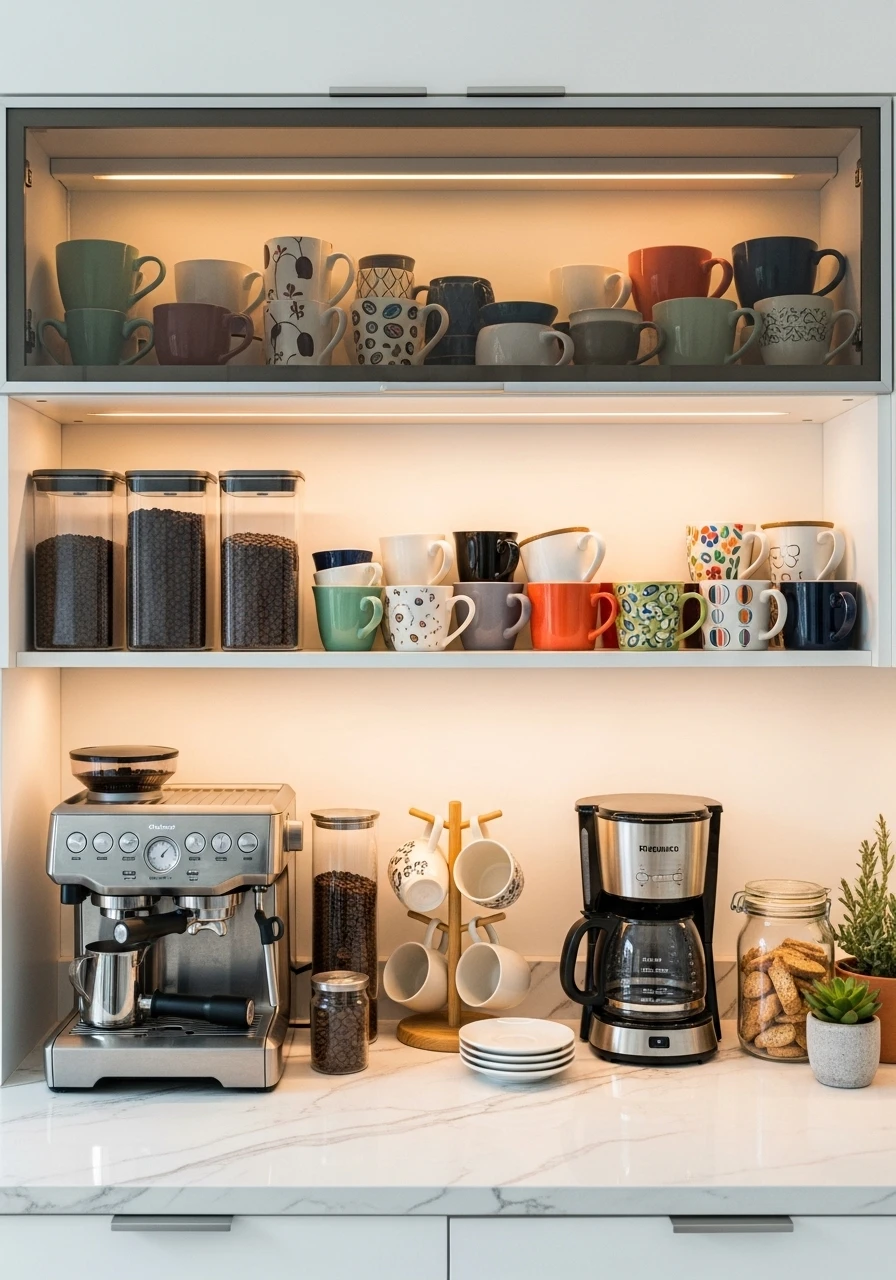 Glass-front upper cabinet displaying coffee mug collection above marble counter with espresso setup

