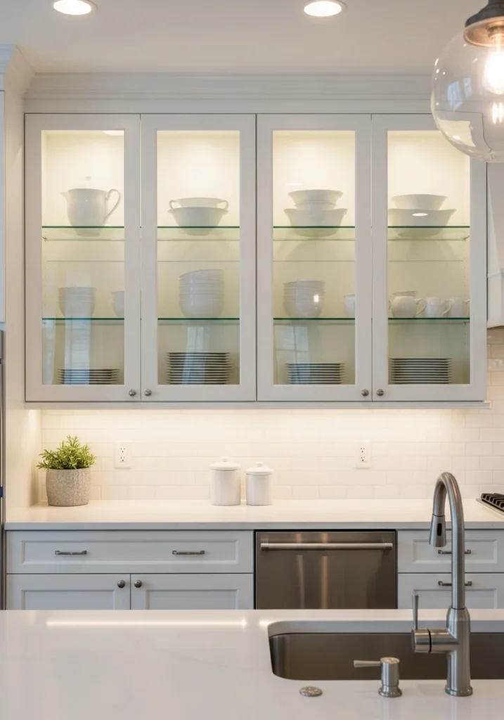 Glass-front upper kitchen cabinets with interior lighting displaying white dishes