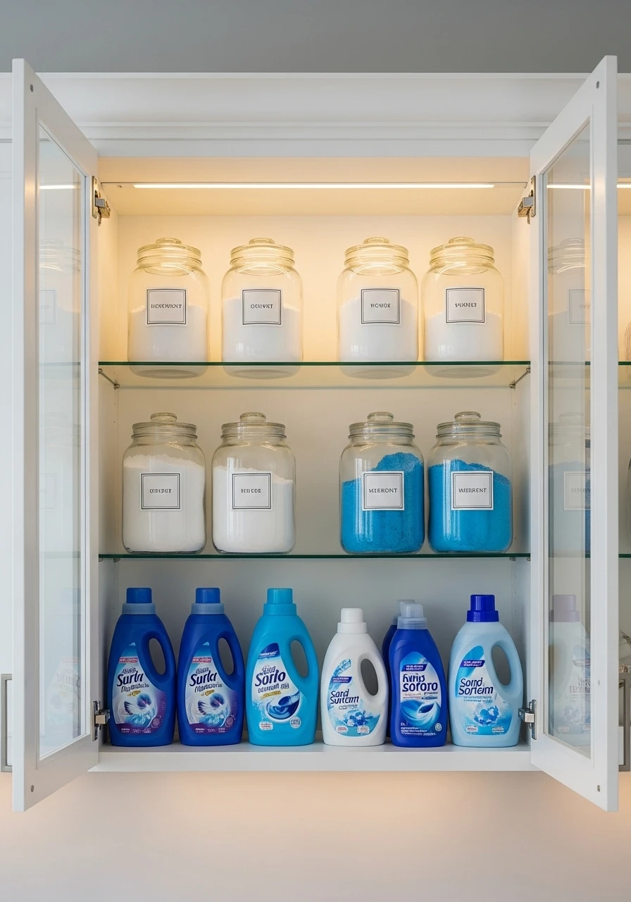 Glass front upper cabinets displaying organized laundry supplies