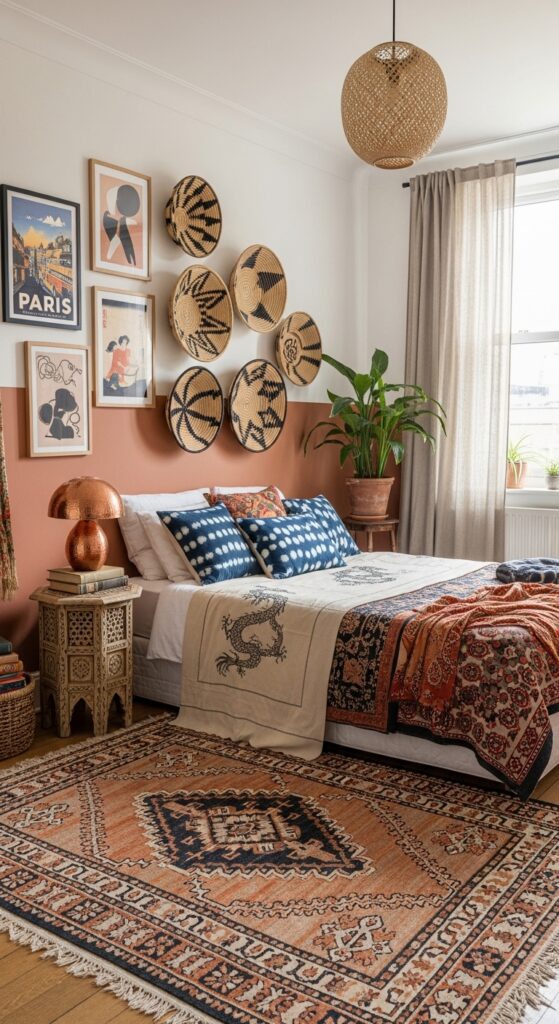 Global eclectic bedroom with Moroccan rug, Asian textiles, and collected travel pieces