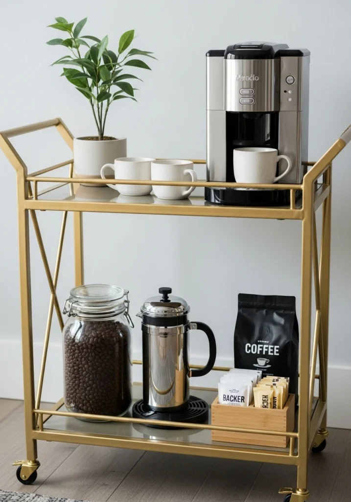 Gold geometric bar cart styled as mobile coffee station with organized tiers