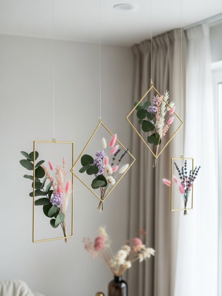 Gold geometric hanging decor filled with dried flowers creating modern spring home decor indoors