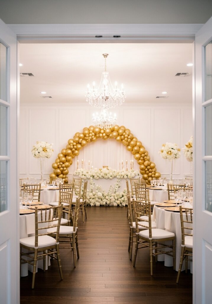 Gold and white glamorous baby shower with luxurious elegant decorations