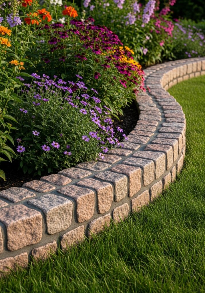 Pink granite cobbles creating professionally fitted curved garden border