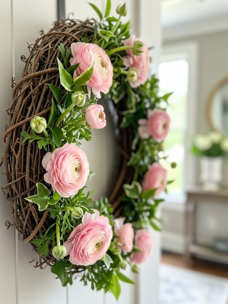 Close-up of grapevine wreath with pink flowers and greenery for spring home decor