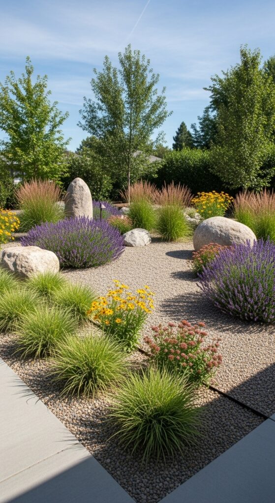 Low maintenance gravel garden with ornamental grasses and drought-tolerant plants