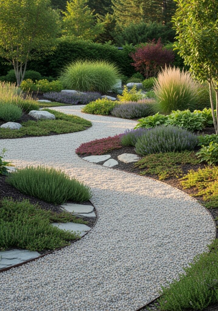 Curved gravel path winding through garden beds with plants spilling onto edges