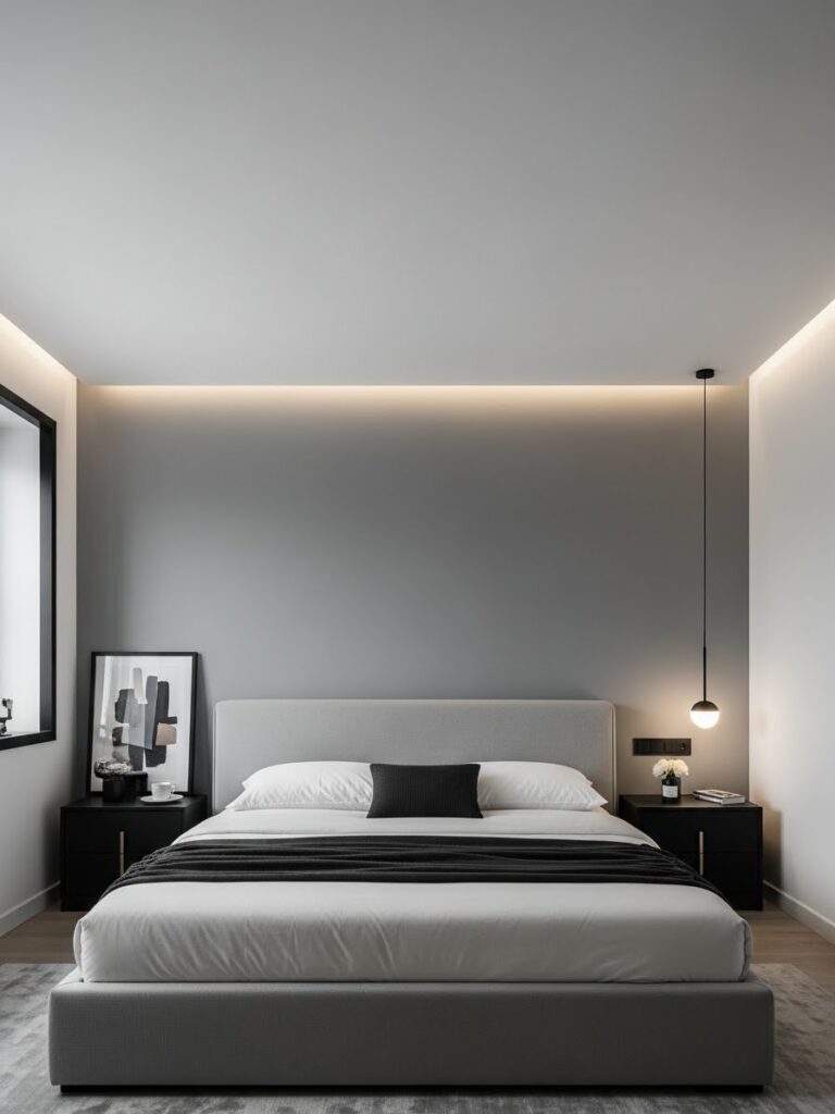 Modern bedroom with gray accent wall and white color palette