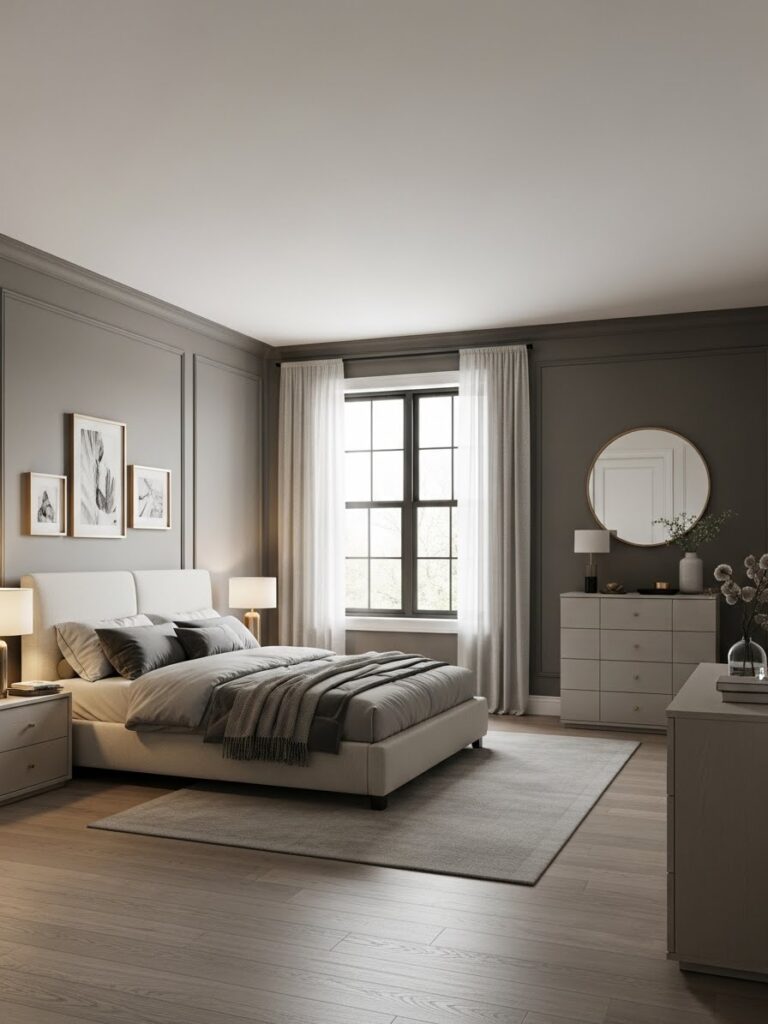 Elegant modern bedroom with warm gray and cream color palette