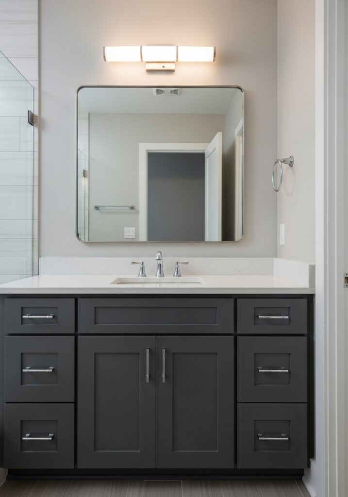 : Charcoal gray bathroom vanity with chrome hardware and white quartz top