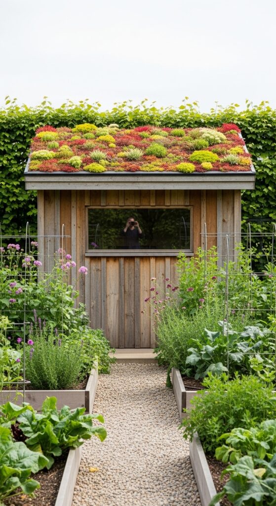 Garden shed with living green roof covered in sedums and low-growing plants