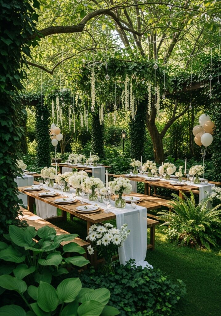  Greenery garden baby shower with lush botanical decorations and natural setup