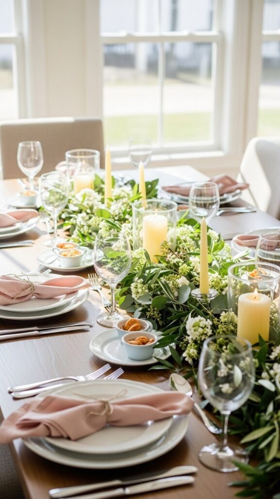 Light greenery garland styled down a dining table for spring decor