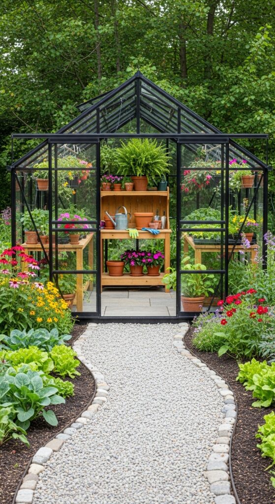 Glass greenhouse surrounded by garden beds with plants growing inside