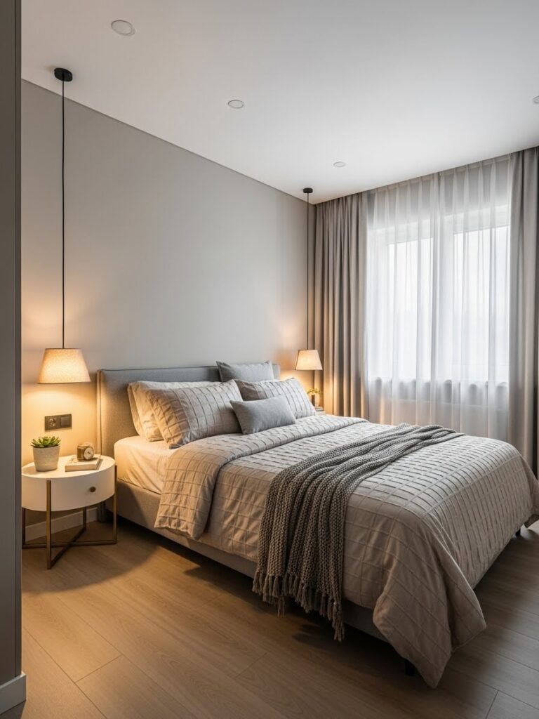 Greige bedroom color palette for compact rooms with modern full room view