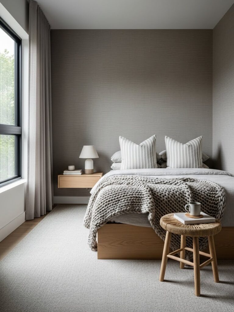 Modern greige bedroom color idea that works well in small rooms