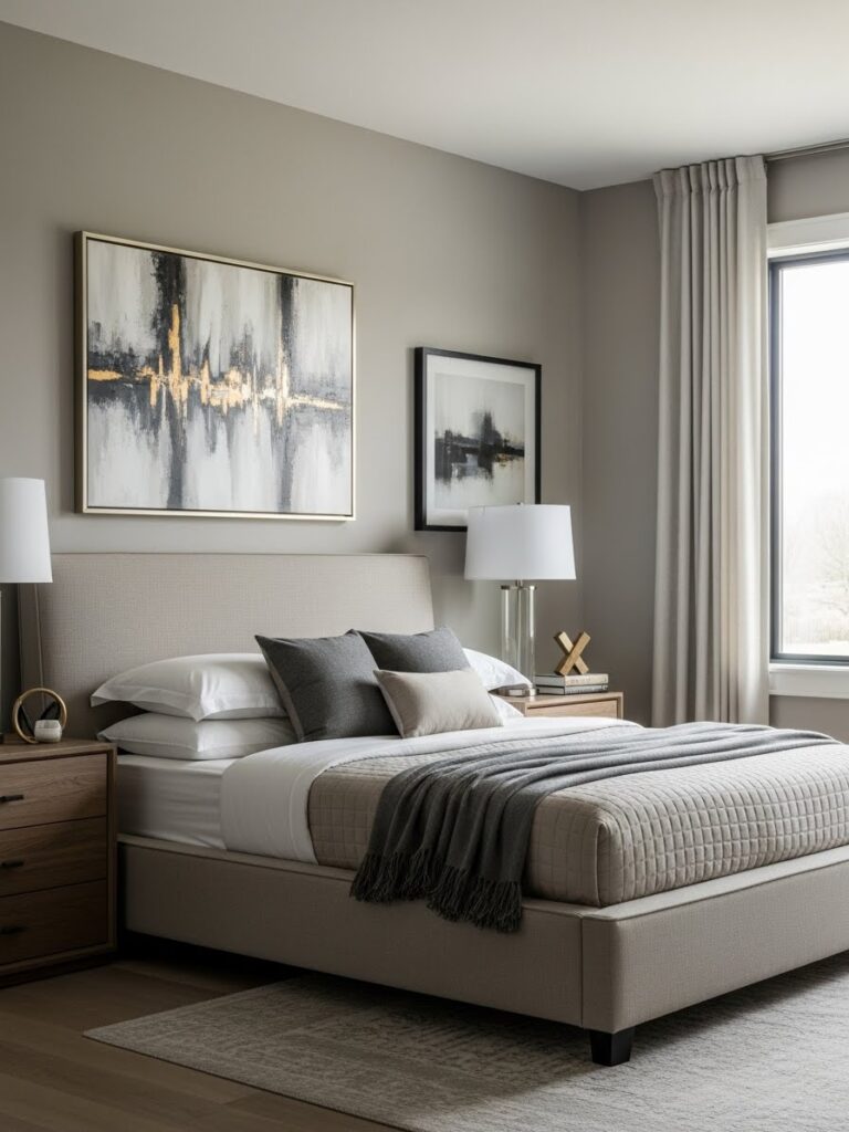 Bedroom painted in greige showing perfect balance of gray and beige creating versatile sophisticated neutral