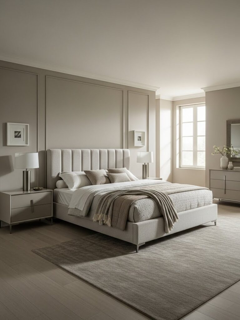Elegant greige modern bedroom color palette with layered textures