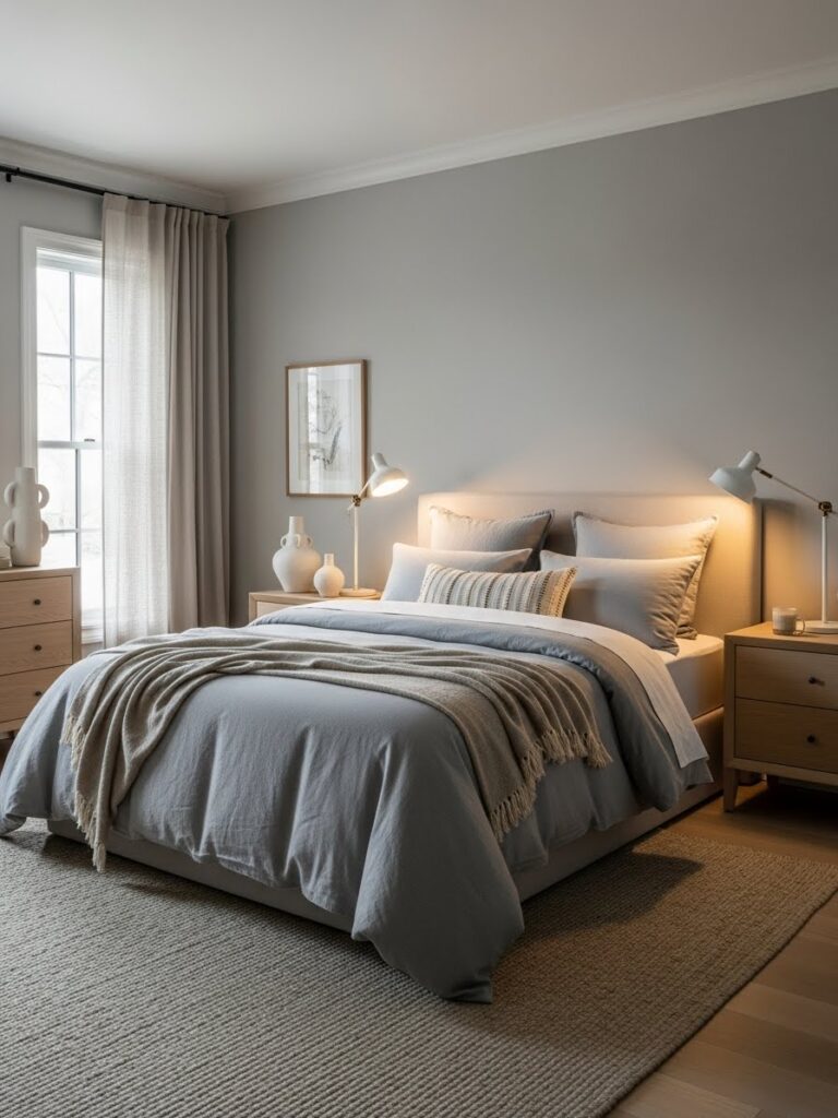 Greige neutral bedroom palette combining beige and gray tones in a modern bedroom