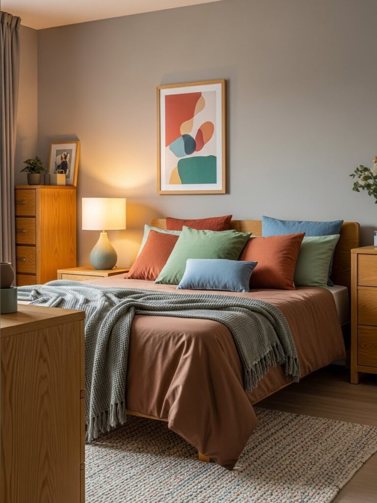 Greige and soft brown bedroom with warm colorful decor and modern style