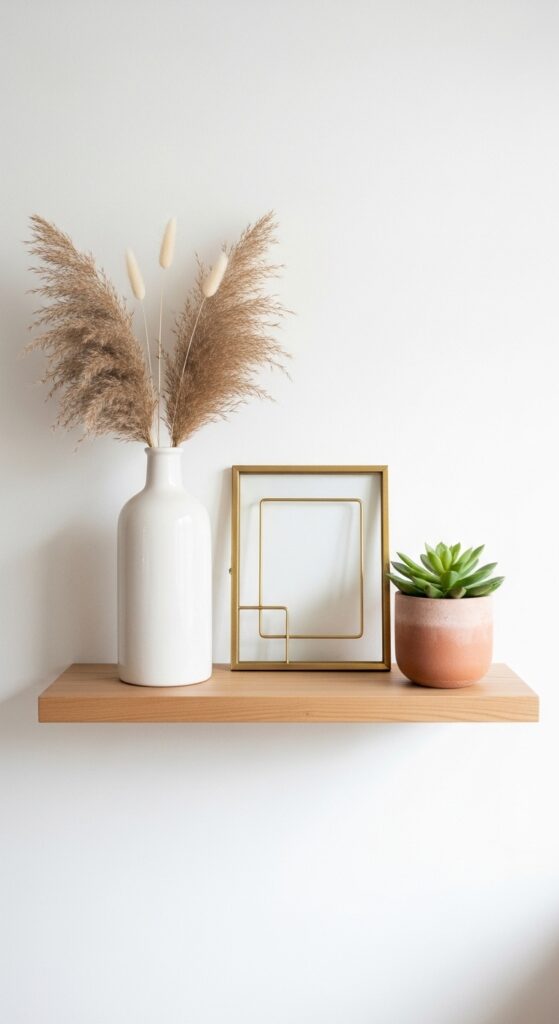 Three decorative objects styled together on floating shelf showing balanced grouping