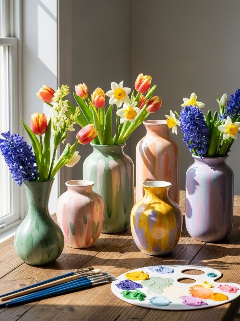 Hand-painted spring vases crafted by adults in soft seasonal colors