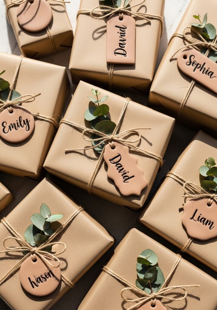 Handmade air dry clay gift tags in various shapes with hand-lettered names on wrapped gifts