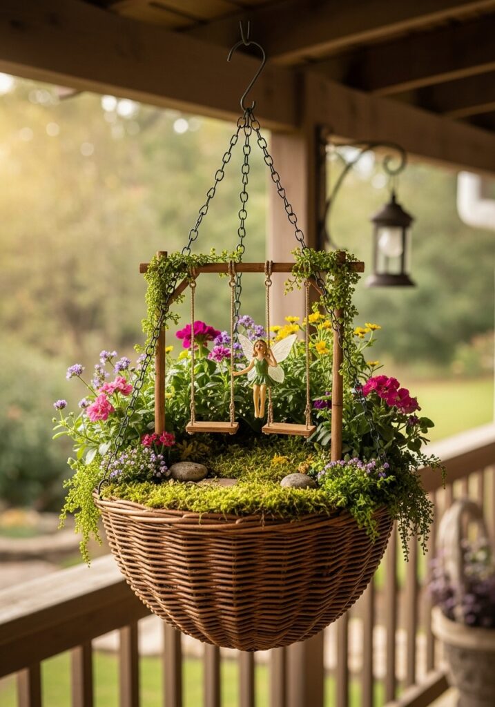  Hanging basket fairy garden with miniature swing and flowers