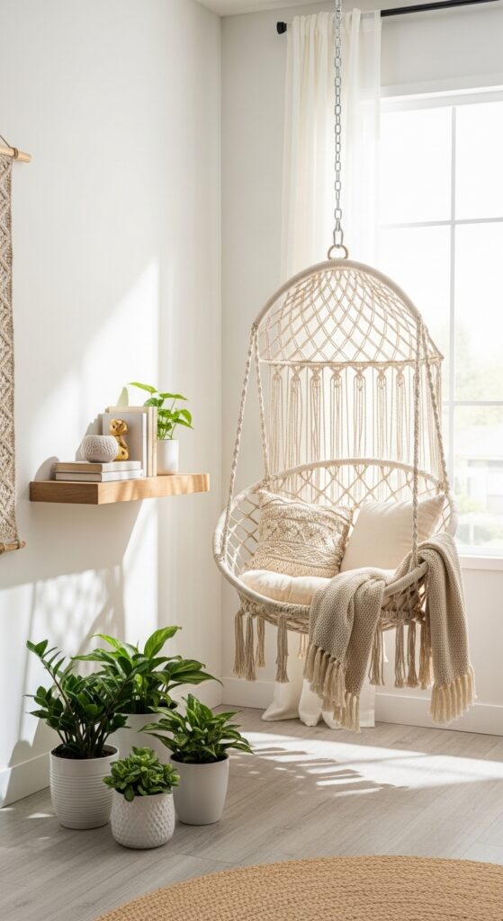 Hanging egg chair reading nook near window with floating bookshelf and plants